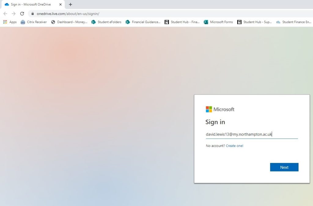 A screen grab showing the Microsoft OneDrive sign in page.