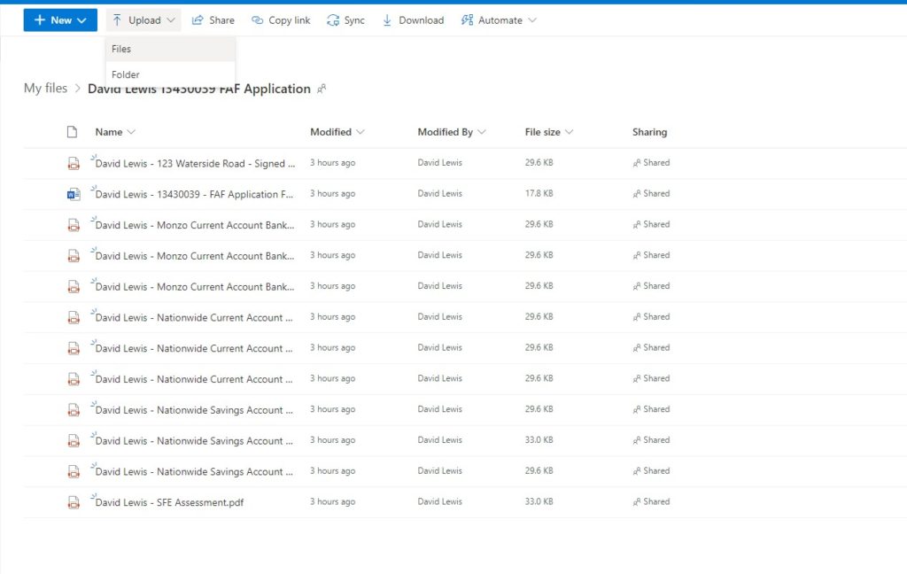 A screen grab showing the Microsoft OneDrive files inside a folder, The files are name in regards to the name and the corresponding documentations.