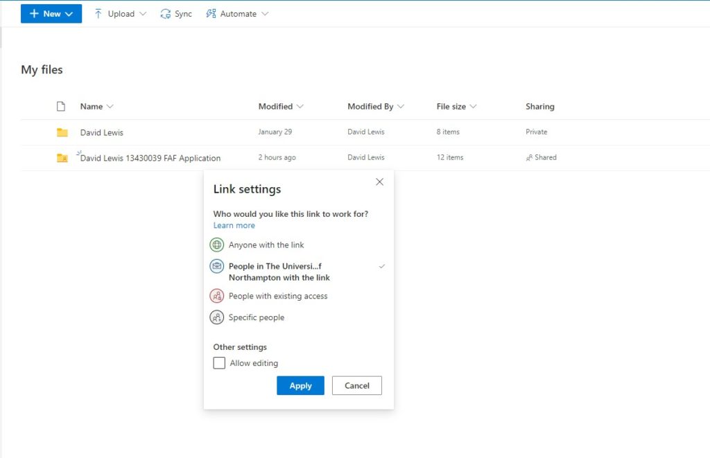 A screen grab showing the Microsoft OneDrive send link pop up and how to change the link settings to reflect to who you want to share the link with.