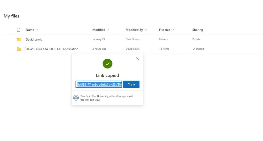 A screen grab showing the Microsoft OneDrive link copied screen/