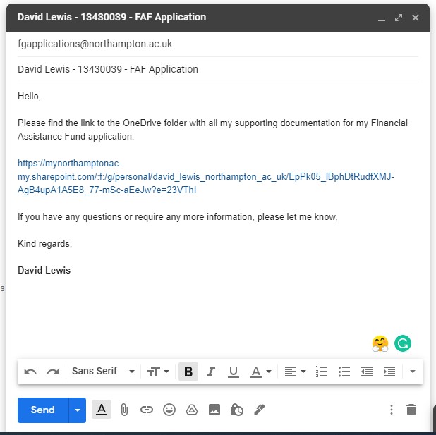 A screen grab showing a drafted email to the FG Applications email with the body of text containing the link to a shared OneDrive file.